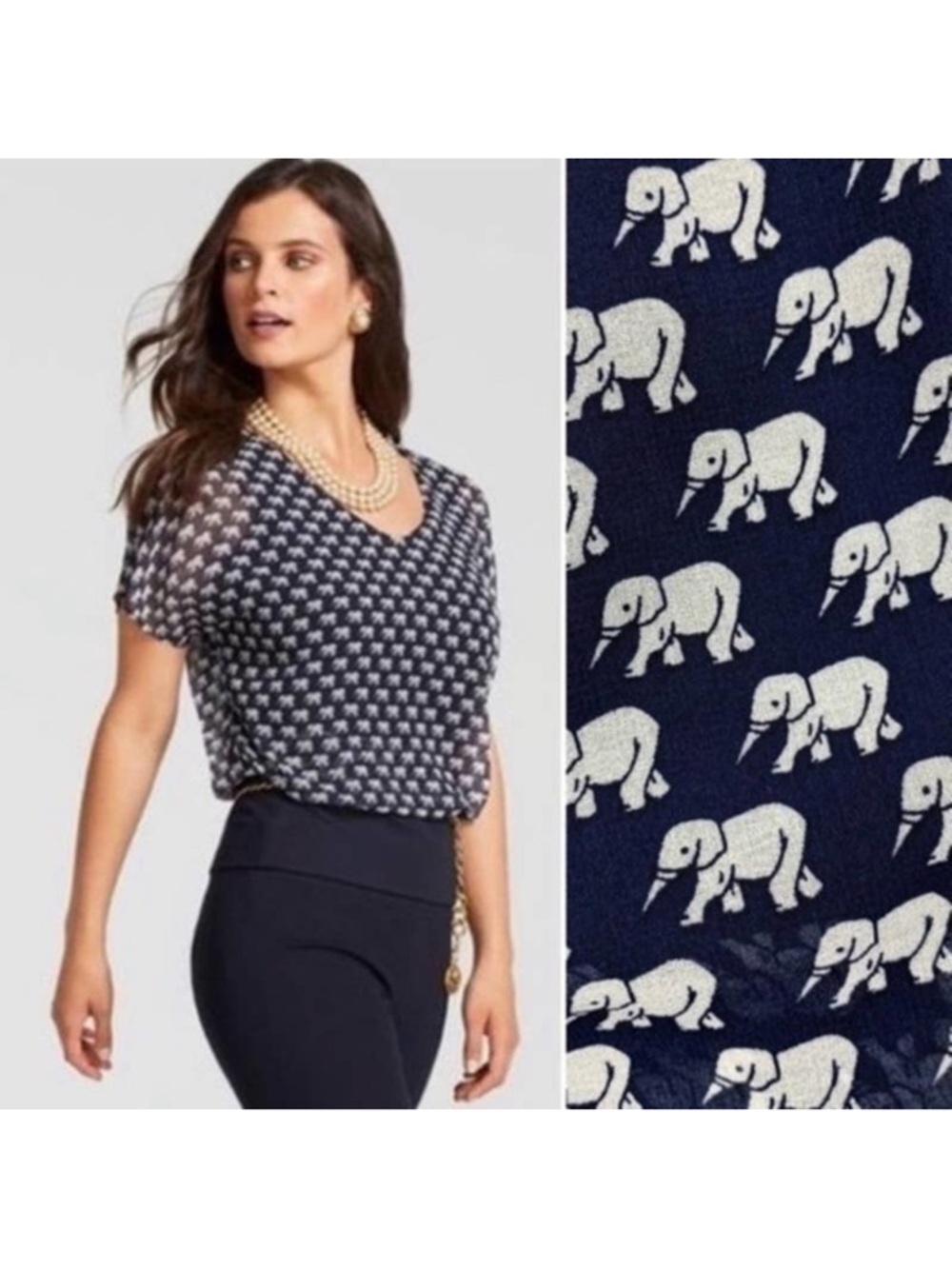Cabi Parade Top Navy Elephant Print V-Neck Short Sleeve Top